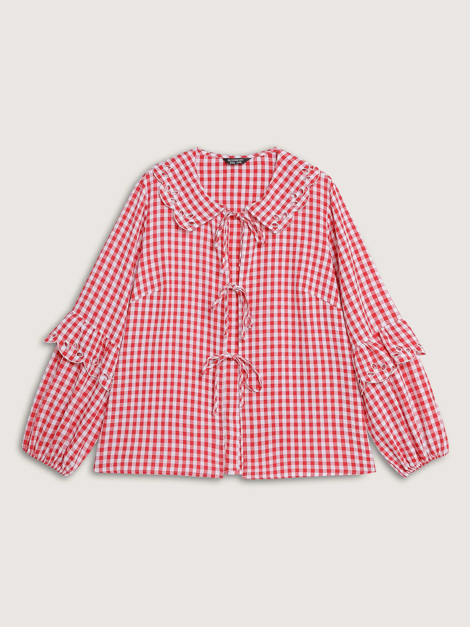 Gingham Embroidered Bow Tie Open-Front Shirt - Image 9