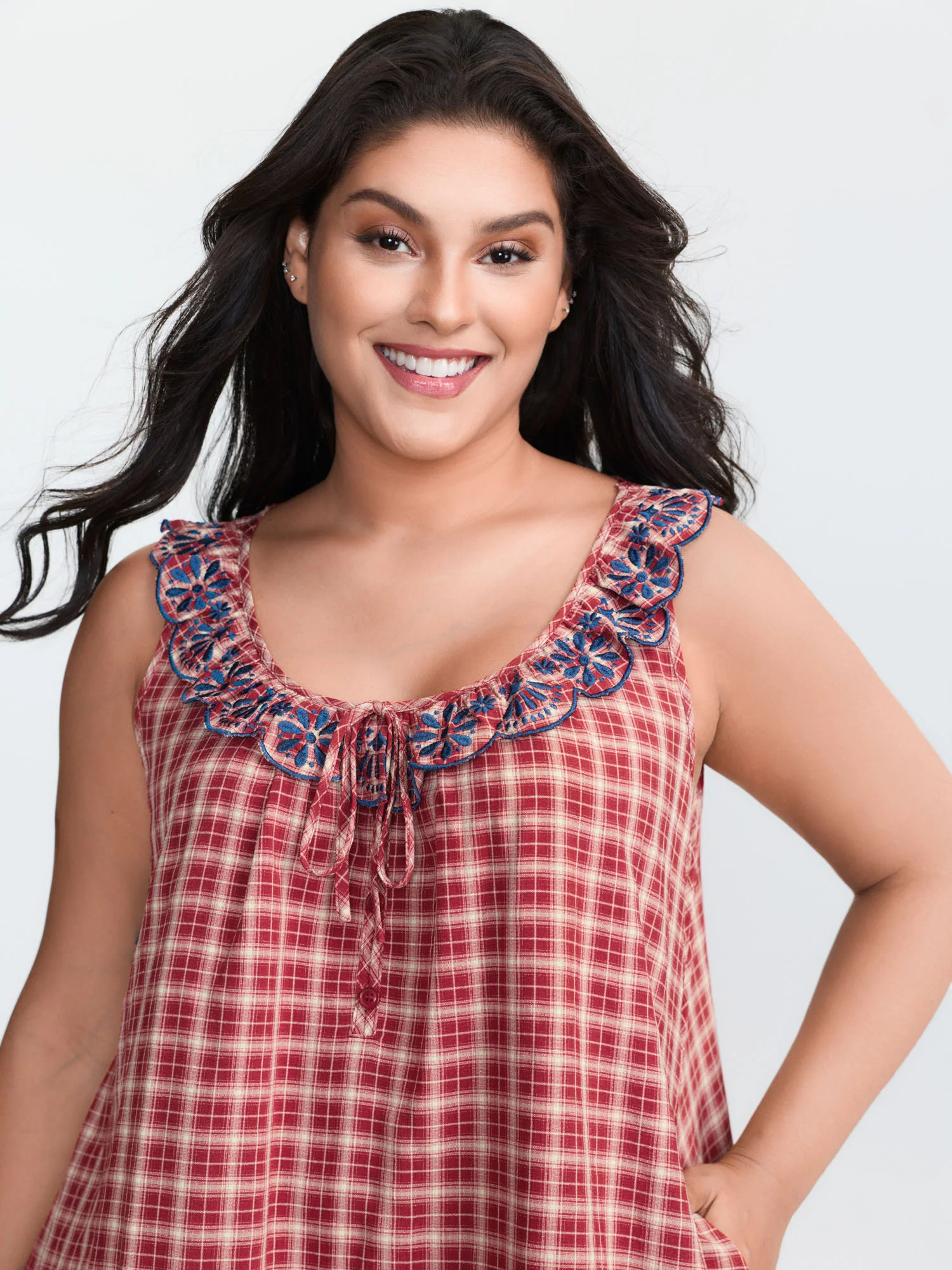 Gingham Embroidered Neckline Flowy Lounge Dress - Image 2