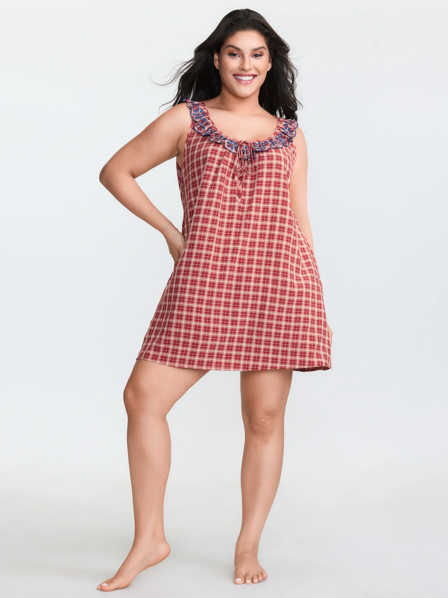 Gingham Embroidered Neckline Flowy Lounge Dress - Image 3