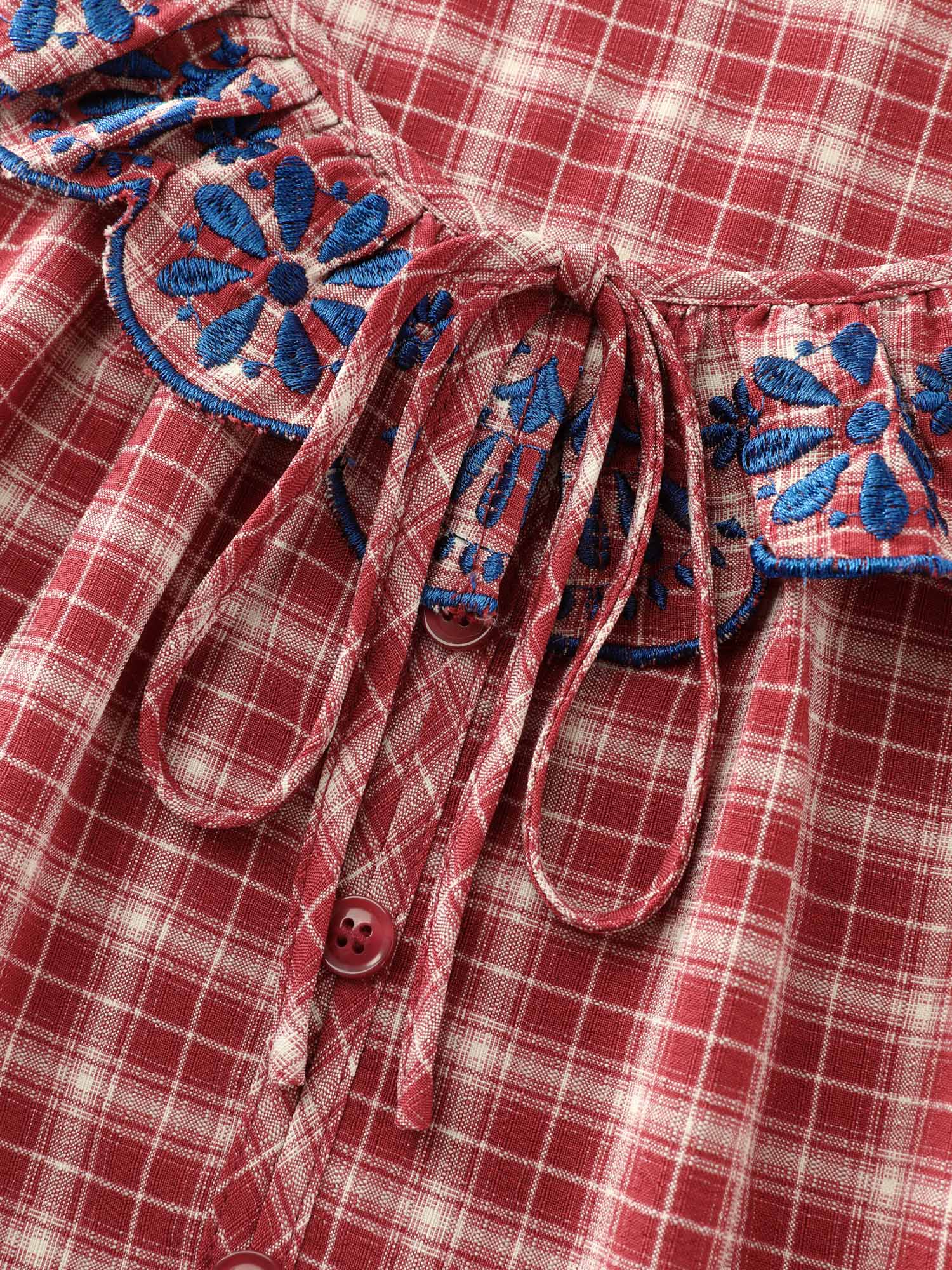 Gingham Embroidered Neckline Flowy Lounge Dress - Image 5