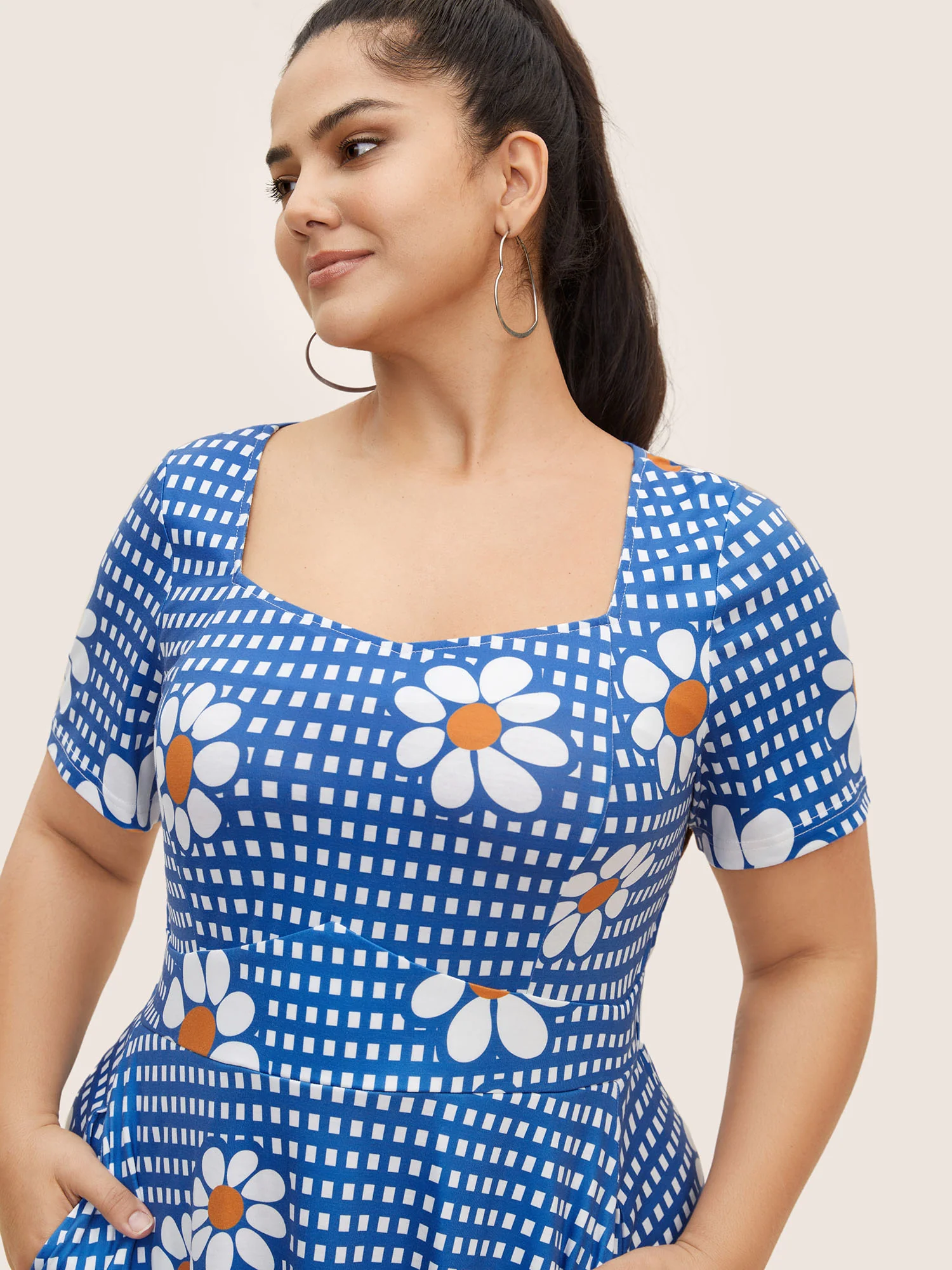 Gingham Floral Elastic Waist Midi Dress - Image 2
