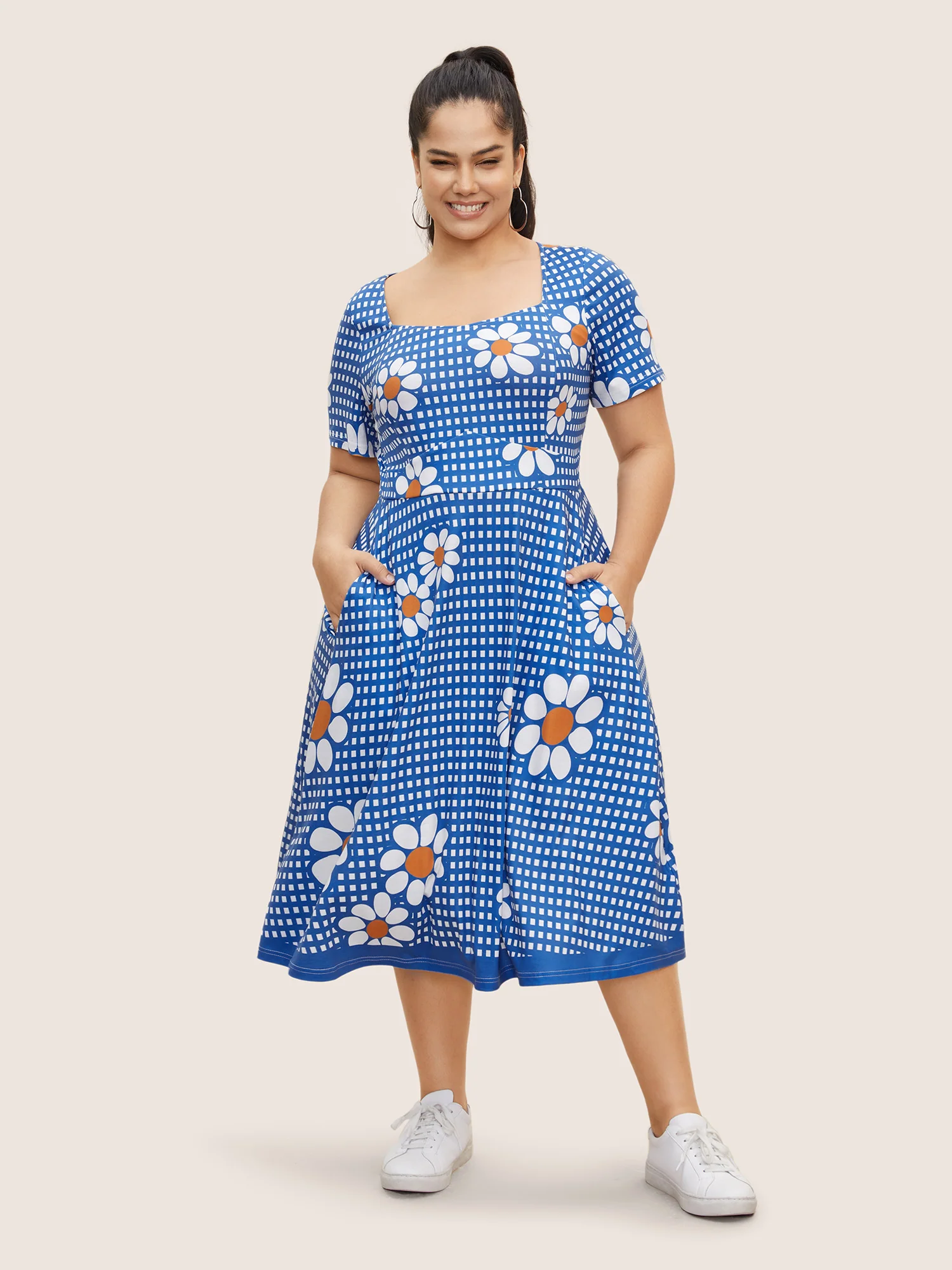 Gingham Floral Elastic Waist Midi Dress - Image 3
