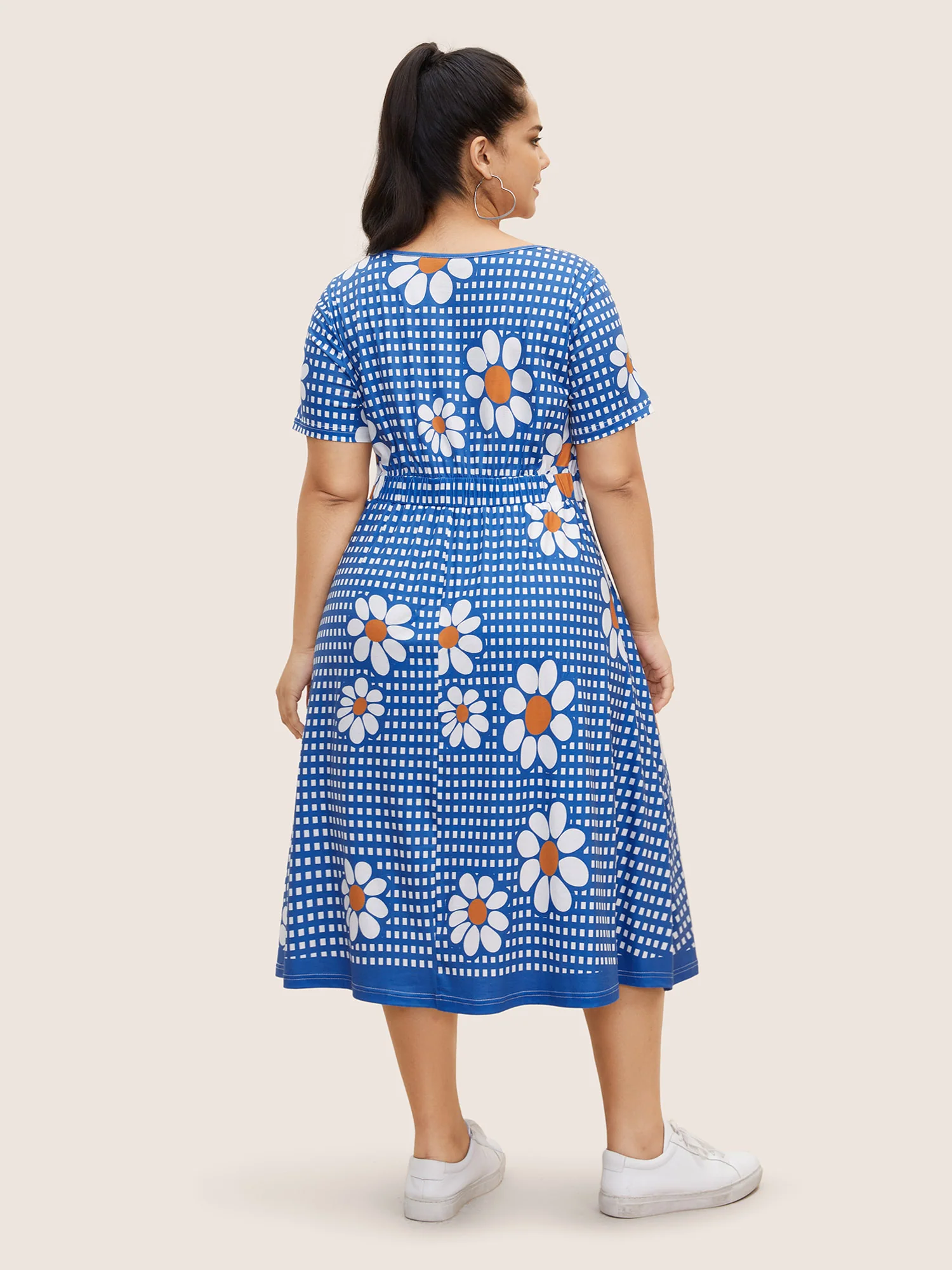 Gingham Floral Elastic Waist Midi Dress - Image 4