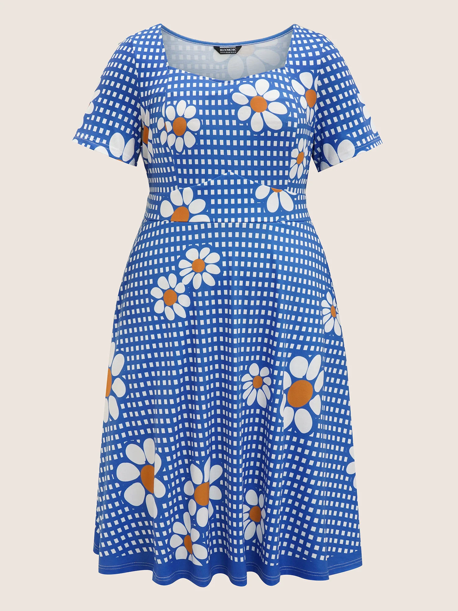 Gingham Floral Elastic Waist Midi Dress - Image 7