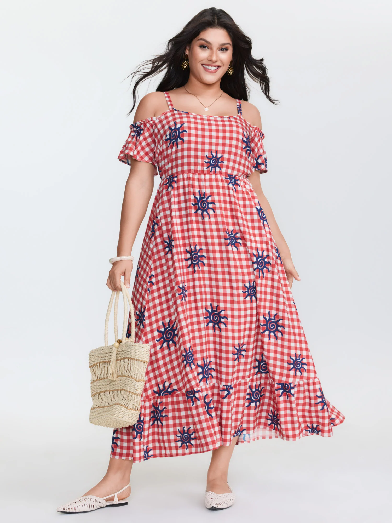 Gingham Floral Print Off-Shoulder Maxi Dress - Image 2