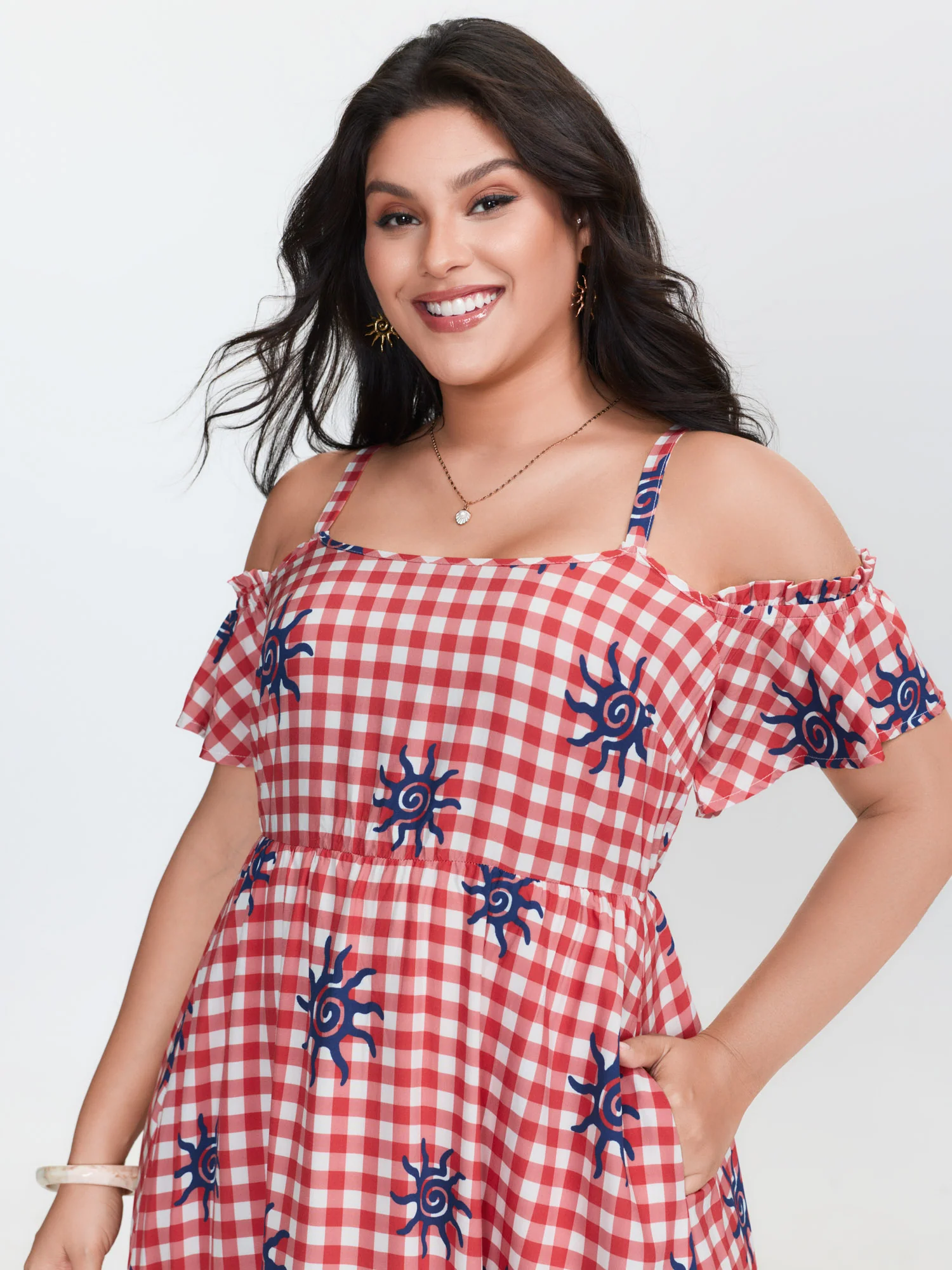 Gingham Floral Print Off-Shoulder Maxi Dress - Image 3