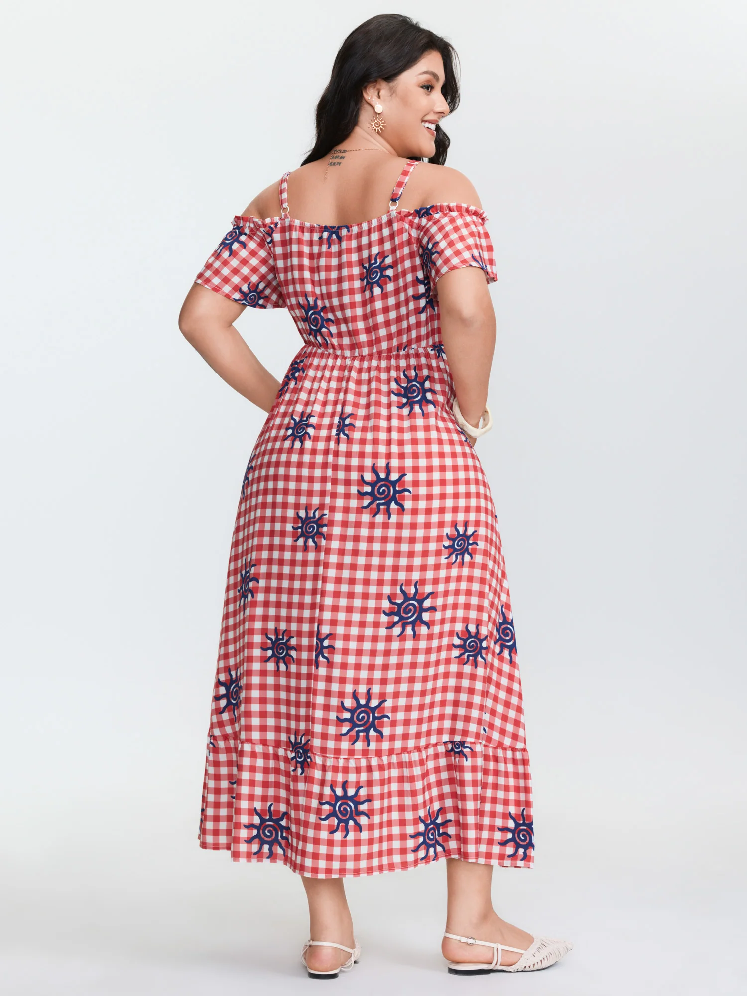 Gingham Floral Print Off-Shoulder Maxi Dress - Image 4