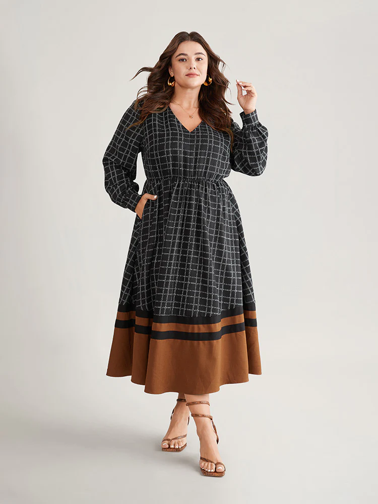 Gingham Gingham Patchwork Pocket Gathered Dress