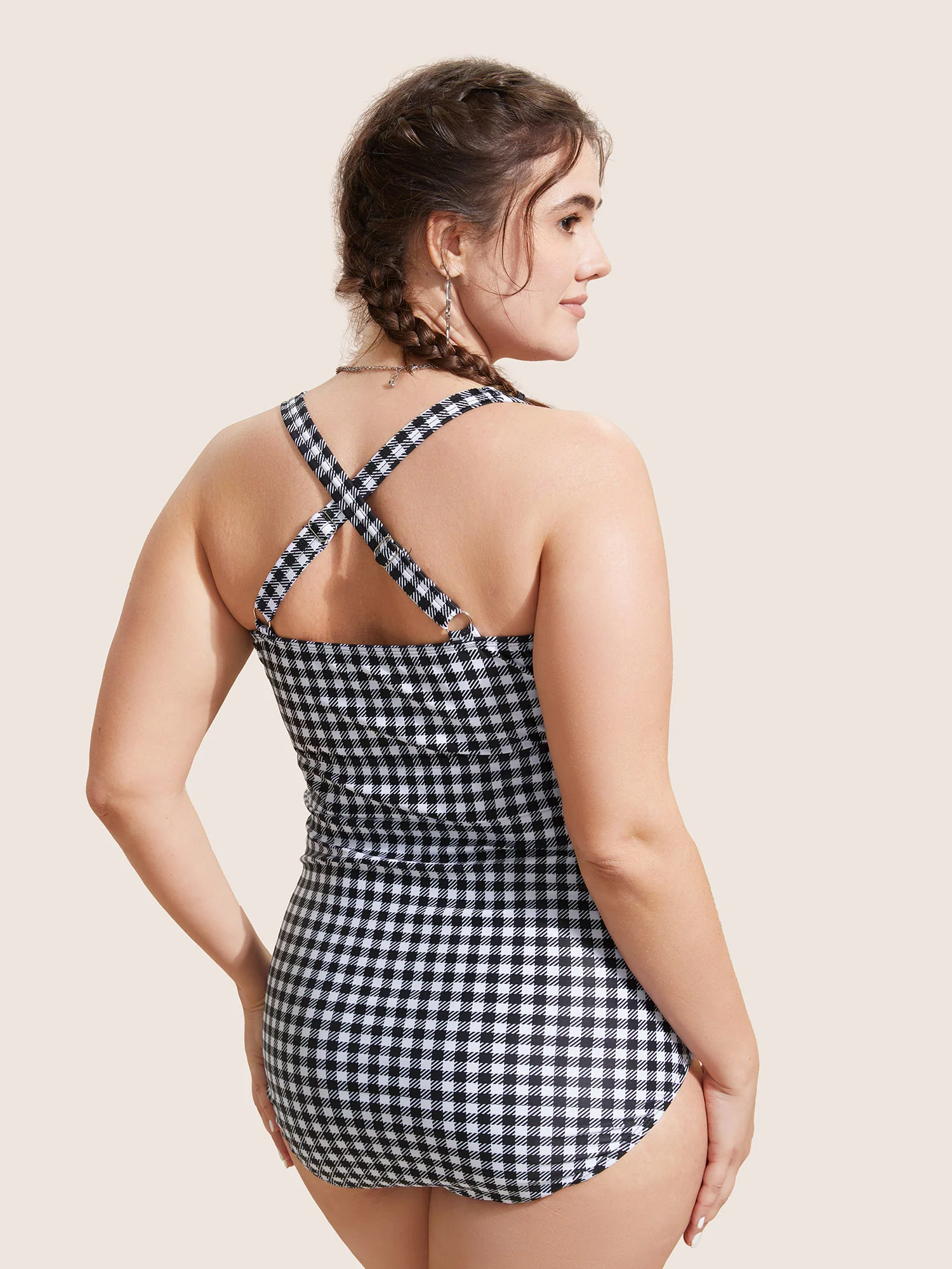 Gingham Heart Neckline Crossover One Piece Swimsuit - Image 2
