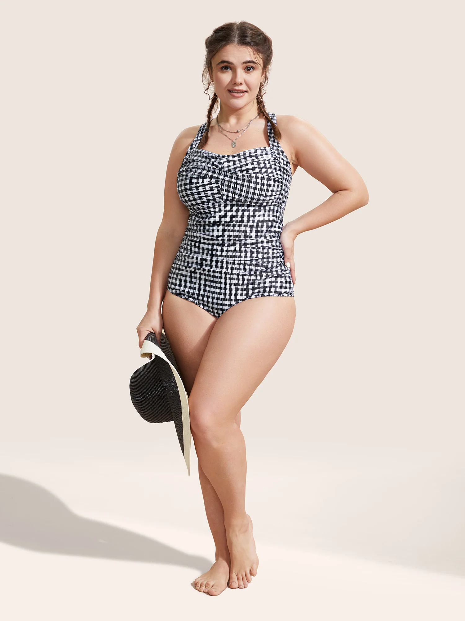Gingham Heart Neckline Crossover One Piece Swimsuit - Image 4