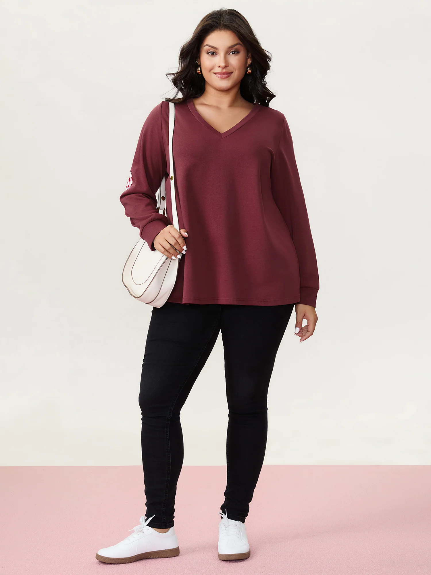 Gingham Heart Patch V-Neck Sweatshirt - Image 2