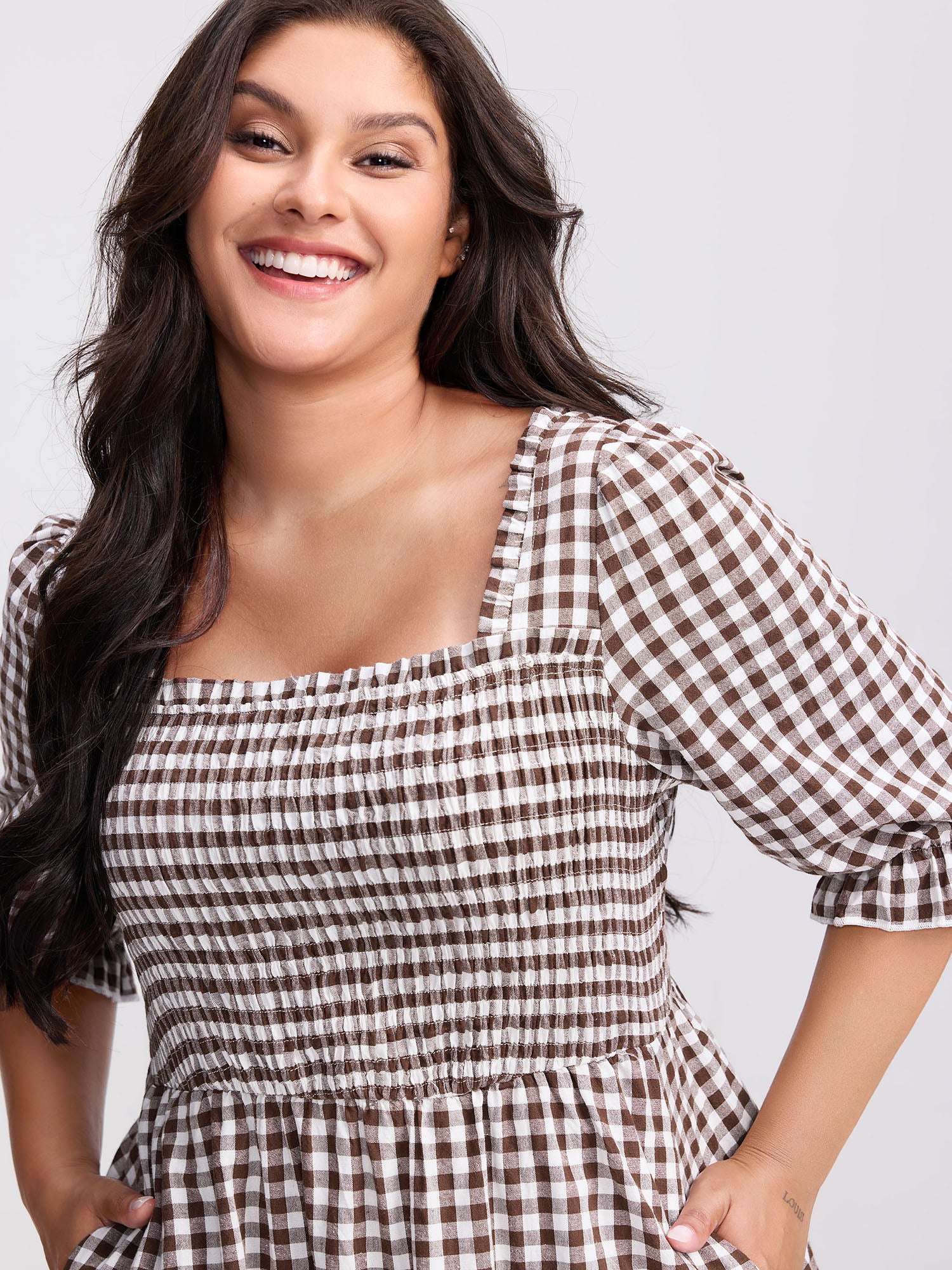Gingham Lace Shirred Tiered Midi Dress - Image 2