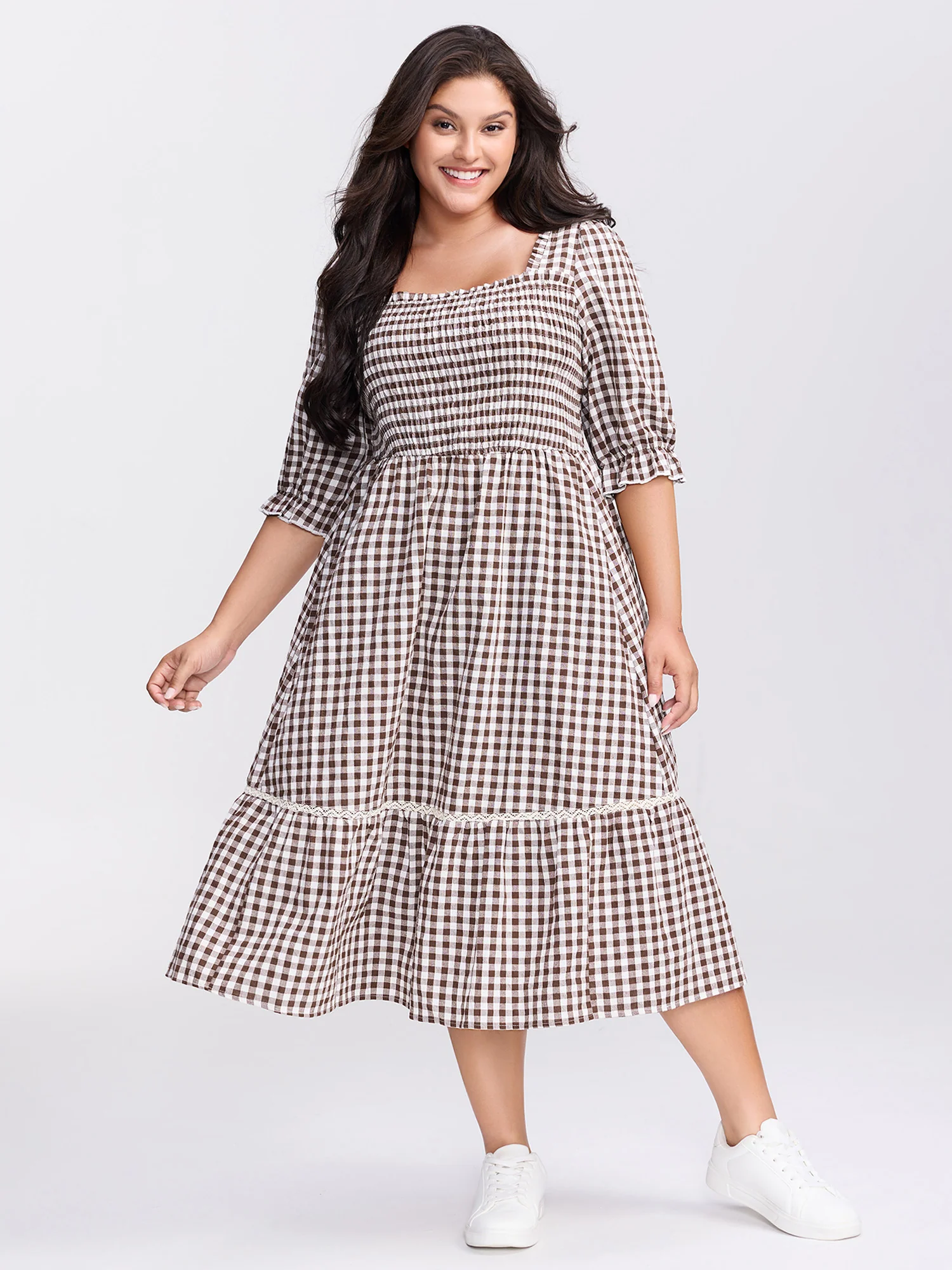 Gingham Lace Shirred Tiered Midi Dress - Image 3