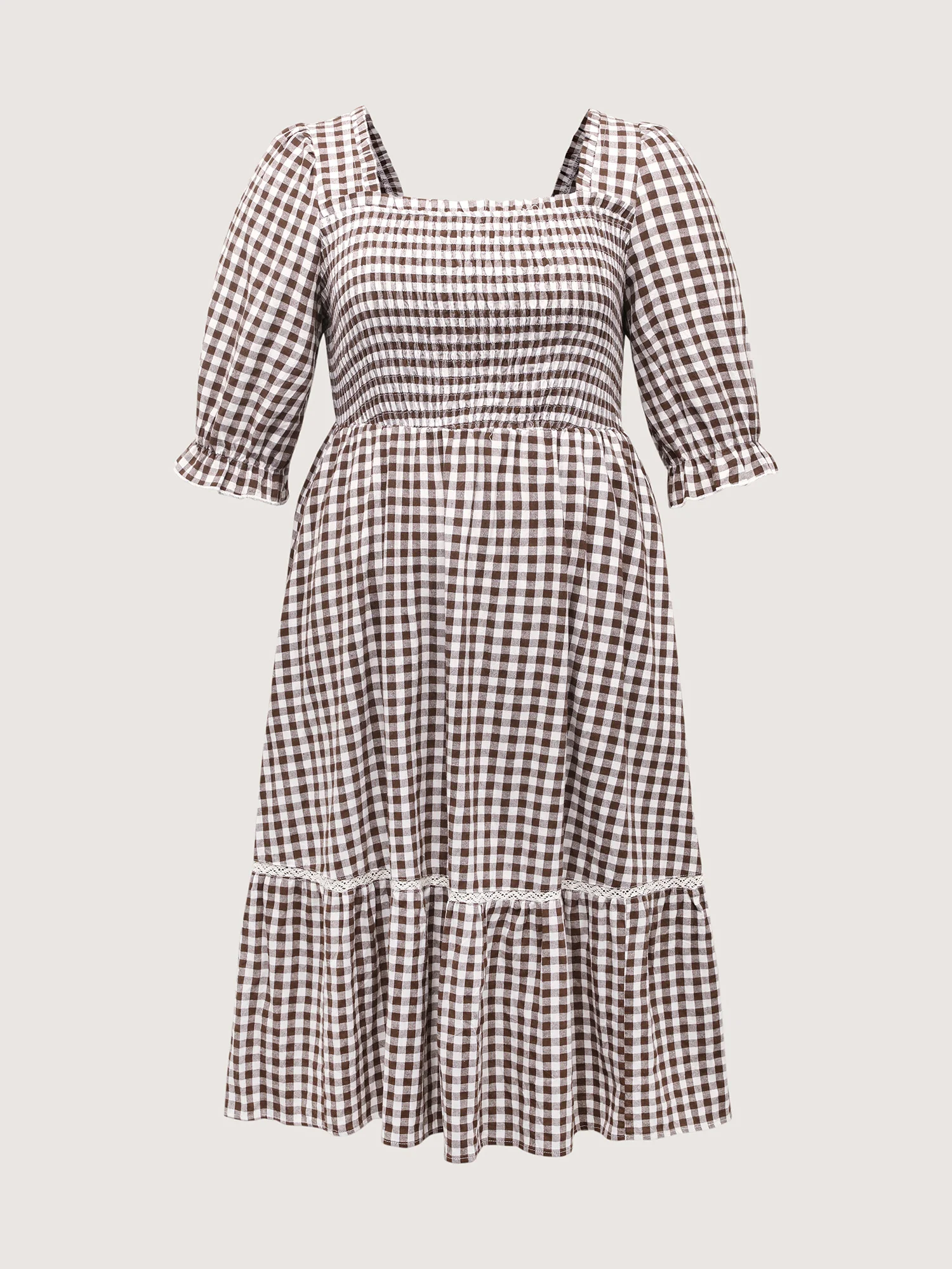 Gingham Lace Shirred Tiered Midi Dress - Image 5