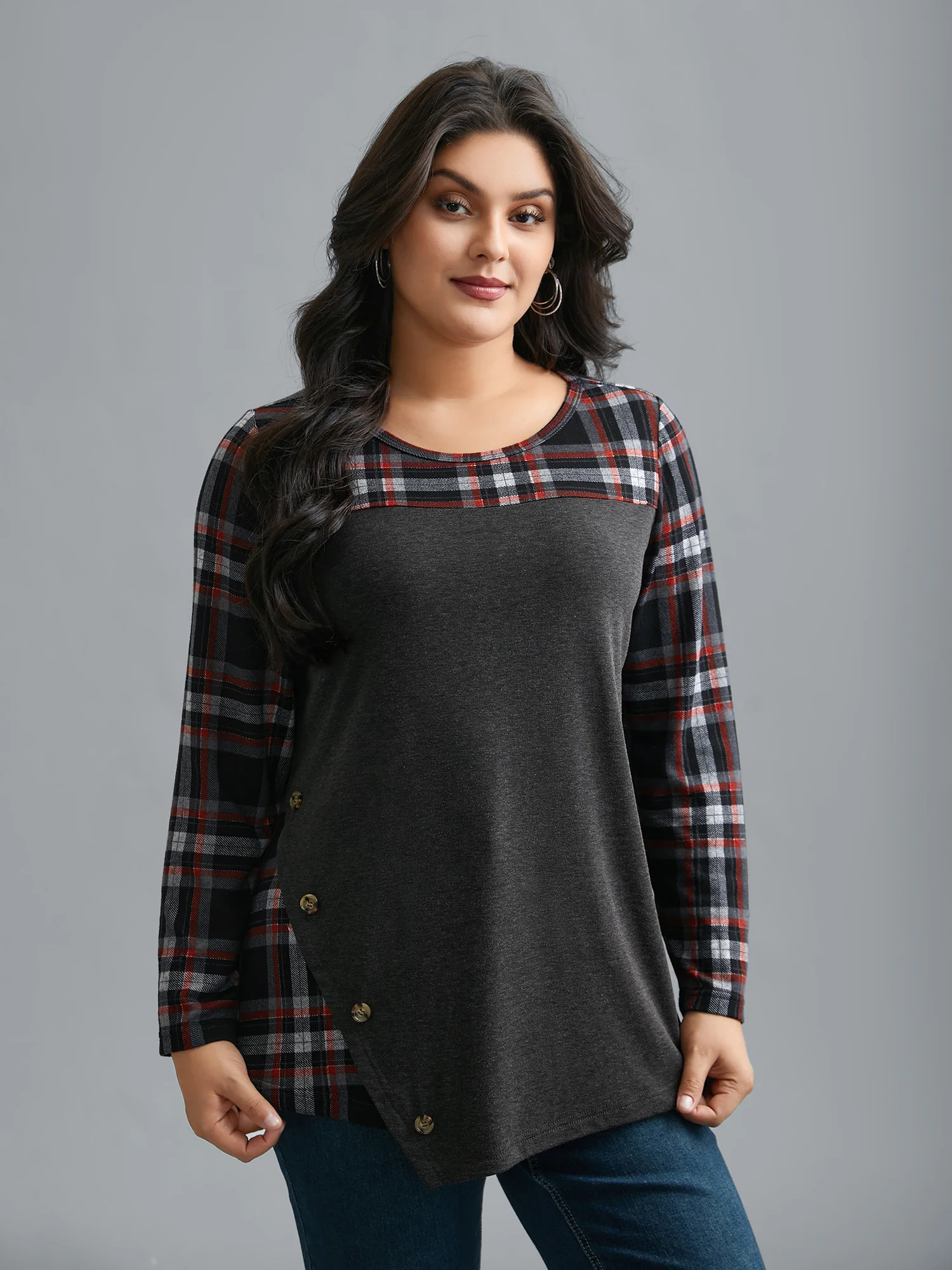Gingham Patchwork Button Detail T-Shirt - Image 2