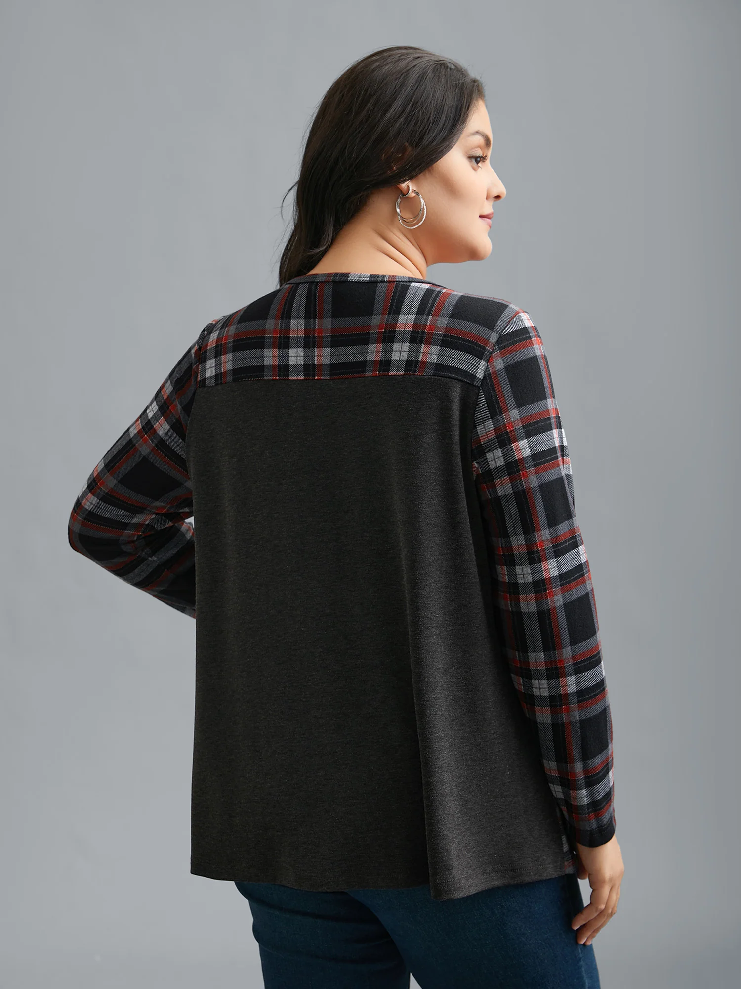 Gingham Patchwork Button Detail T-Shirt - Image 3