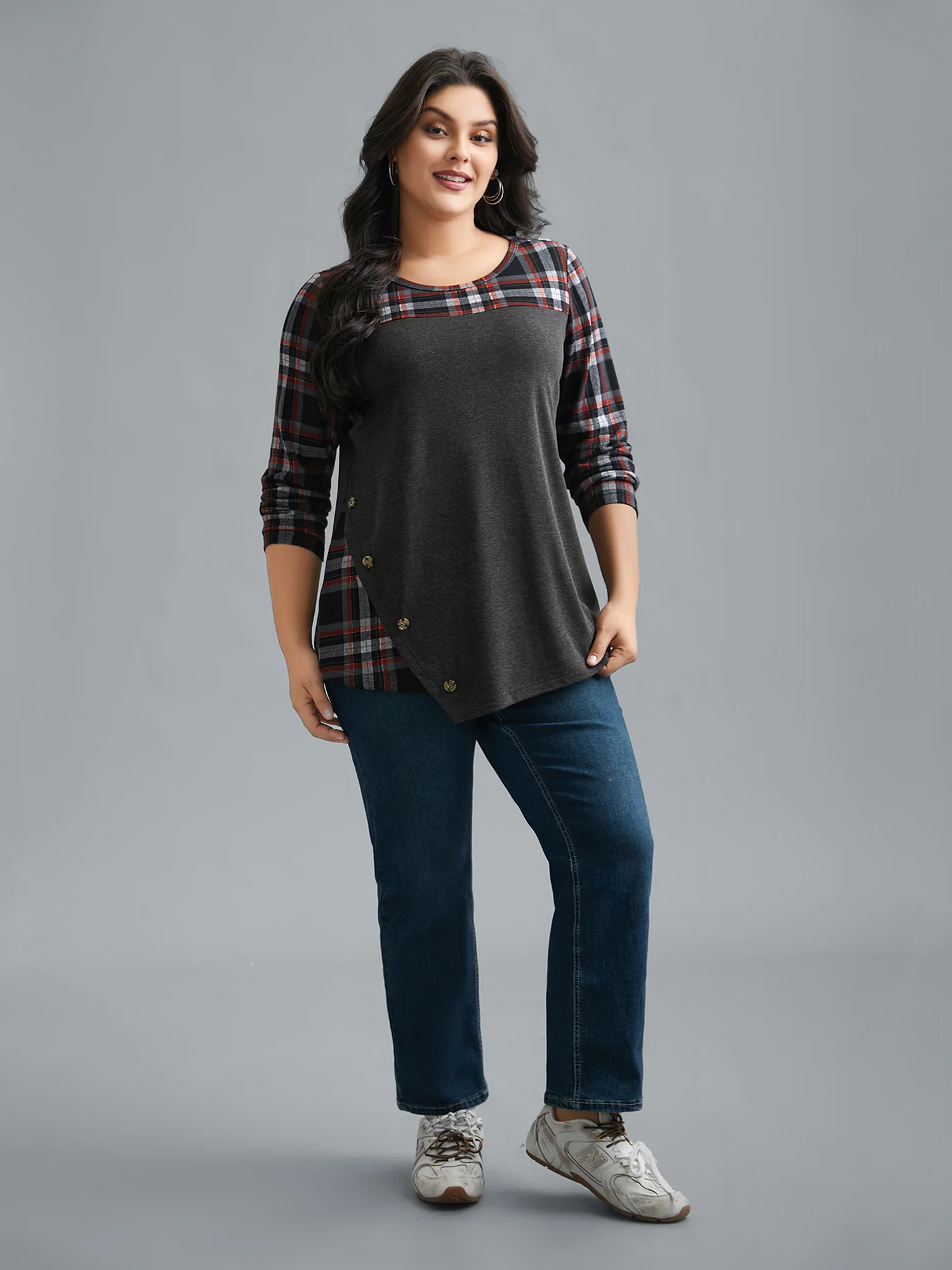 Gingham Patchwork Button Detail T-Shirt - Image 4