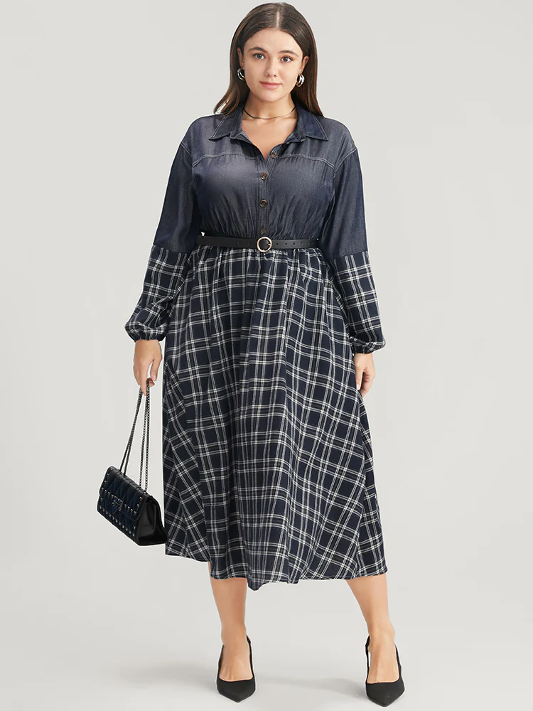 Gingham Patchwork Button Pocket Shirt Collar Dress Without Belt - Image 3