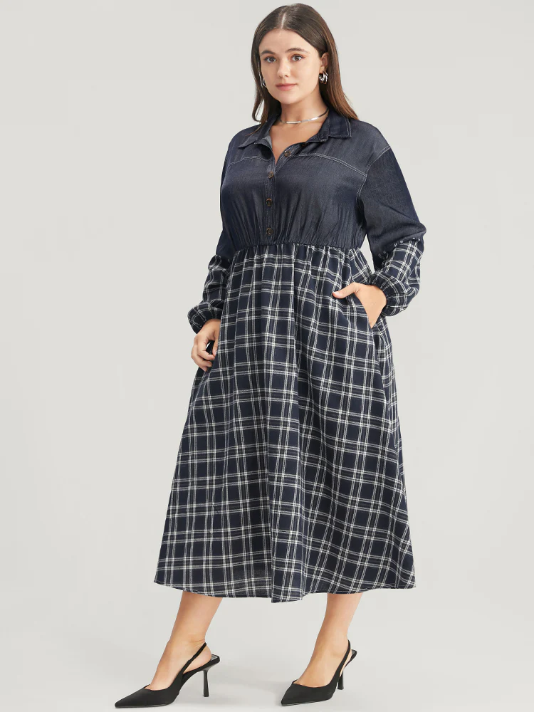 Gingham Patchwork Button Pocket Shirt Collar Dress Without Belt - Image 4
