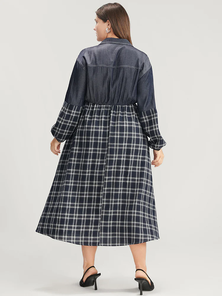 Gingham Patchwork Button Pocket Shirt Collar Dress Without Belt - Image 5