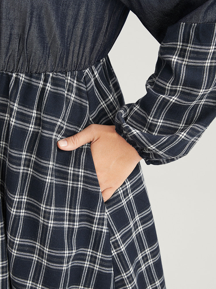 Gingham Patchwork Button Pocket Shirt Collar Dress Without Belt - Image 7