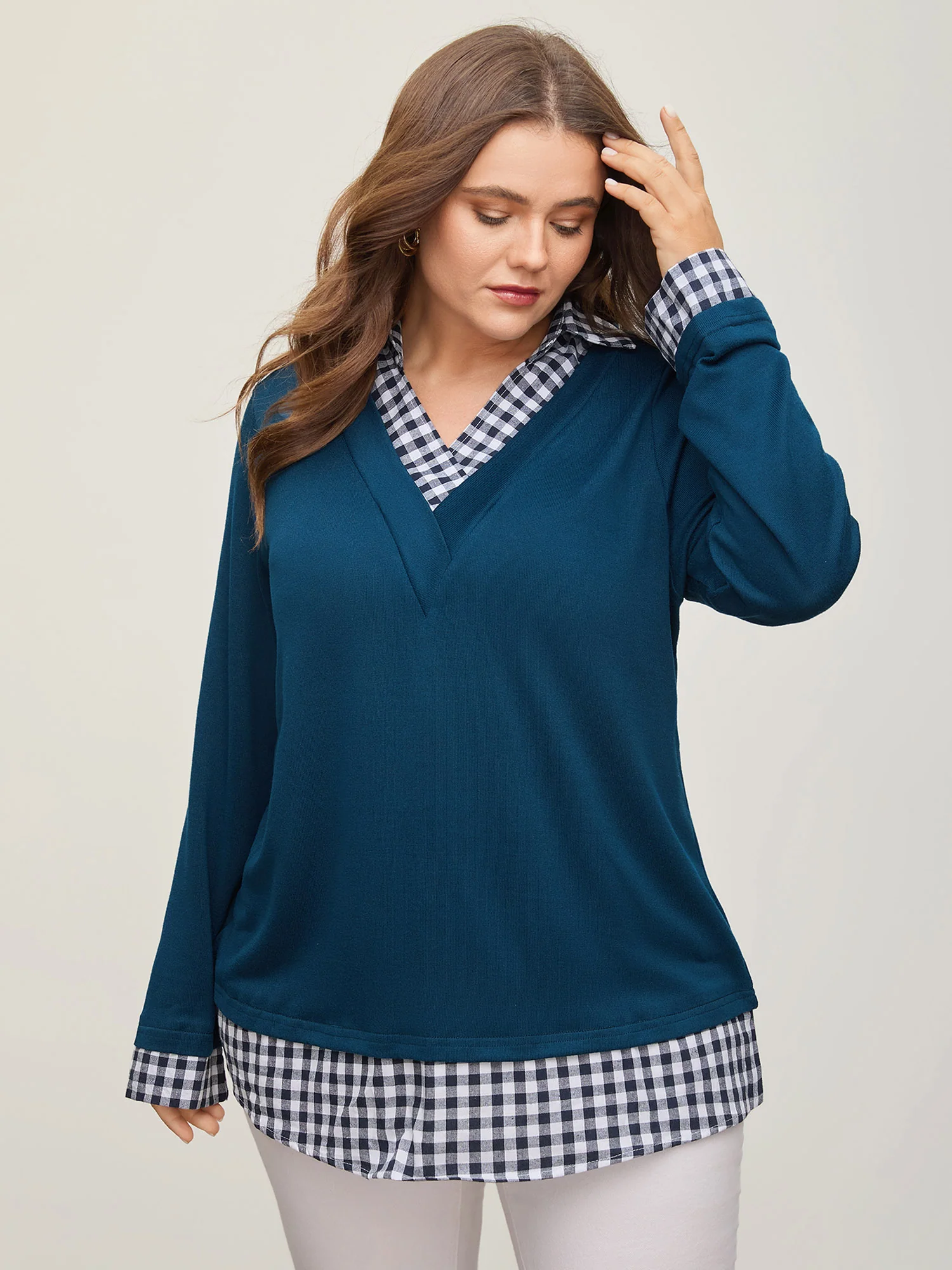 Gingham Patchwork Shirt Collar Arc Hem Sweatshirt - Image 10