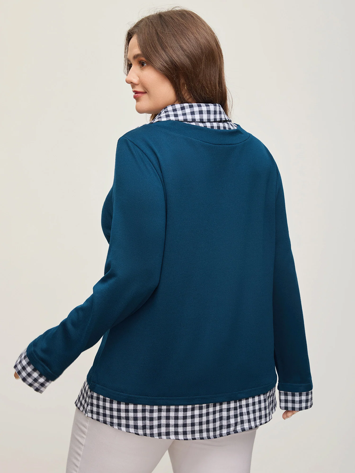 Gingham Patchwork Shirt Collar Arc Hem Sweatshirt - Image 13