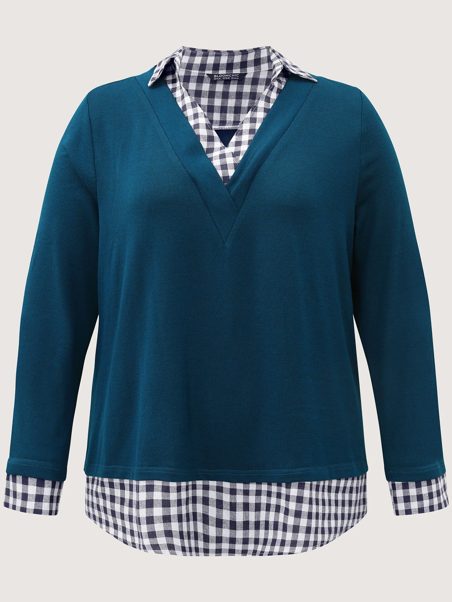 Gingham Patchwork Shirt Collar Arc Hem Sweatshirt - Image 14