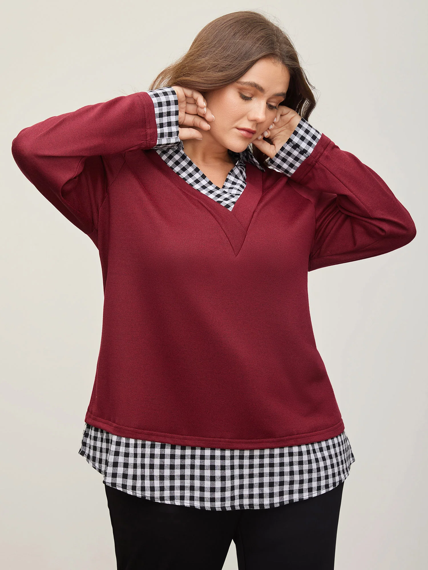 Gingham Patchwork Shirt Collar Arc Hem Sweatshirt - Image 15