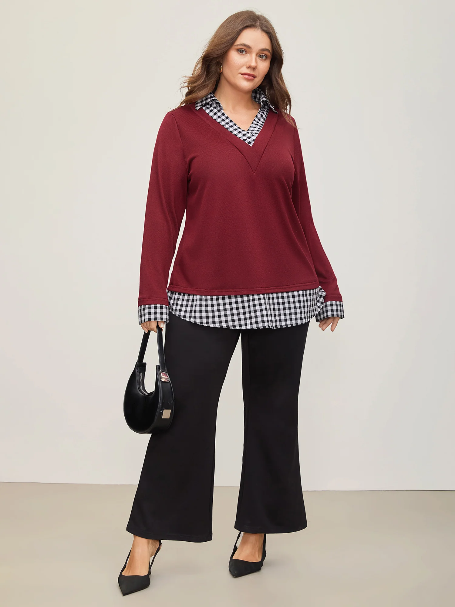 Gingham Patchwork Shirt Collar Arc Hem Sweatshirt - Image 17