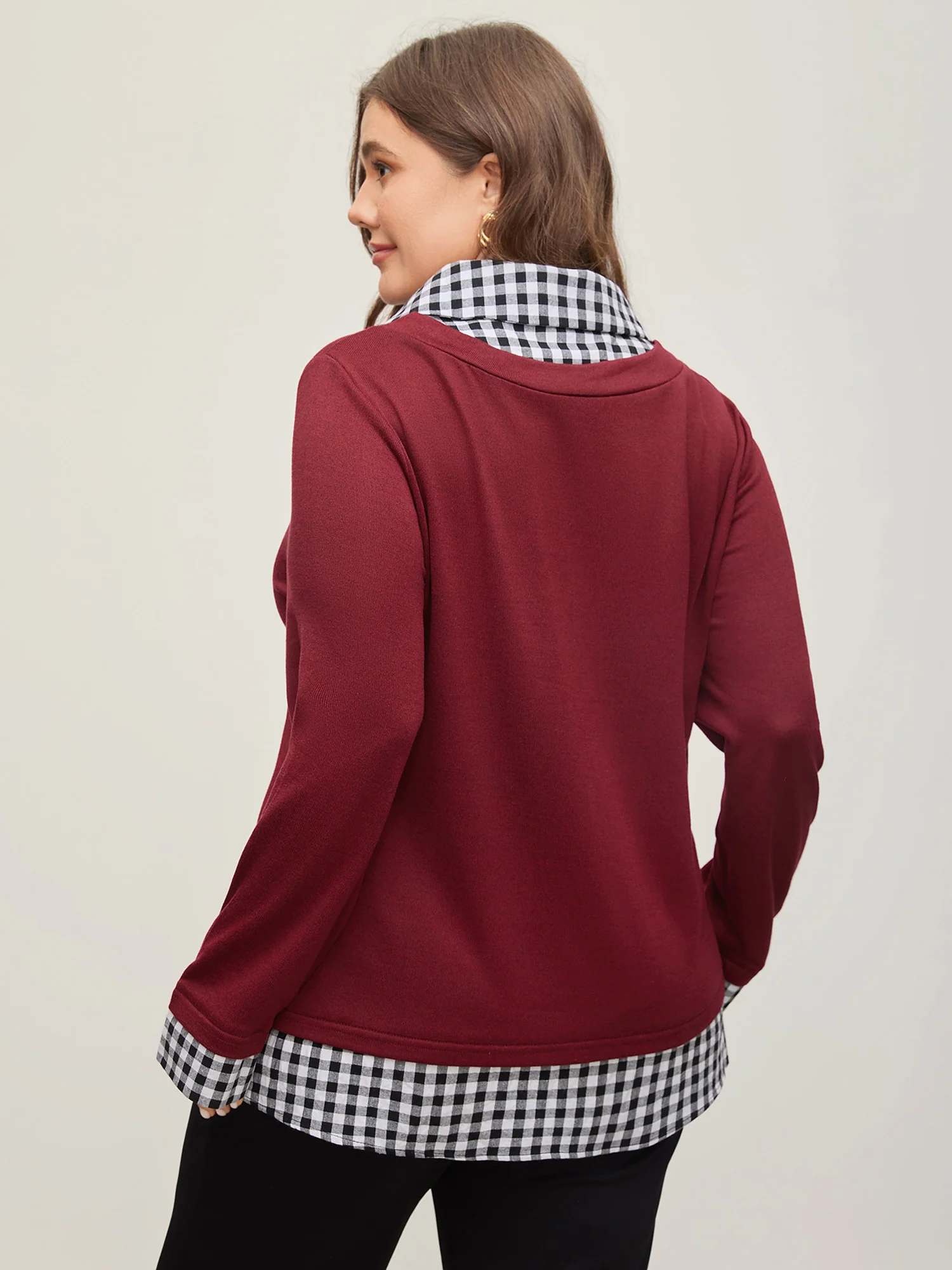 Gingham Patchwork Shirt Collar Arc Hem Sweatshirt - Image 18