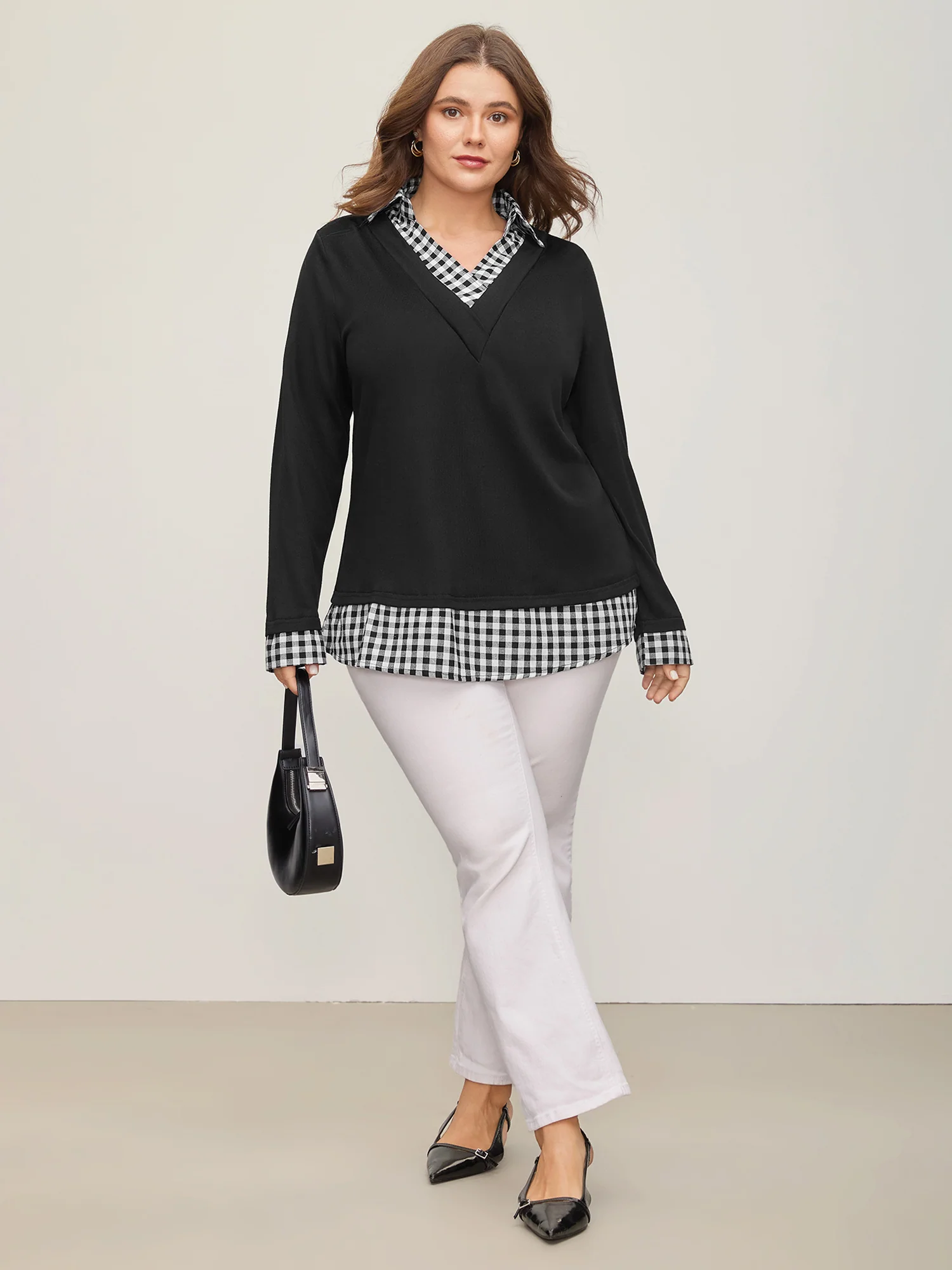 Gingham Patchwork Shirt Collar Arc Hem Sweatshirt - Image 3