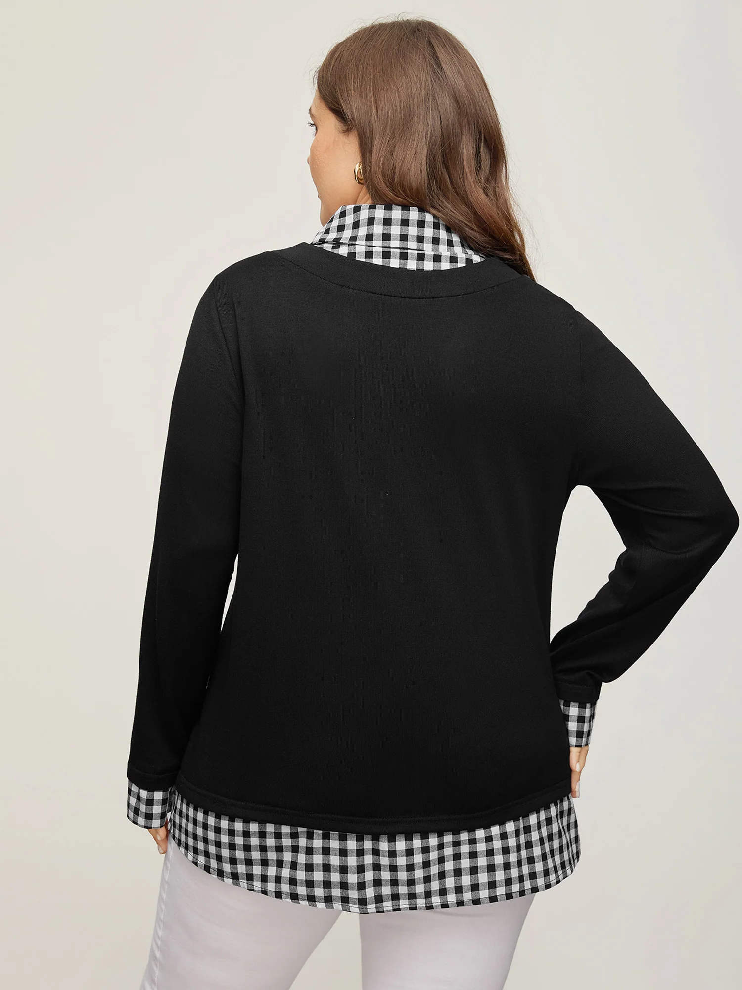 Gingham Patchwork Shirt Collar Arc Hem Sweatshirt - Image 4