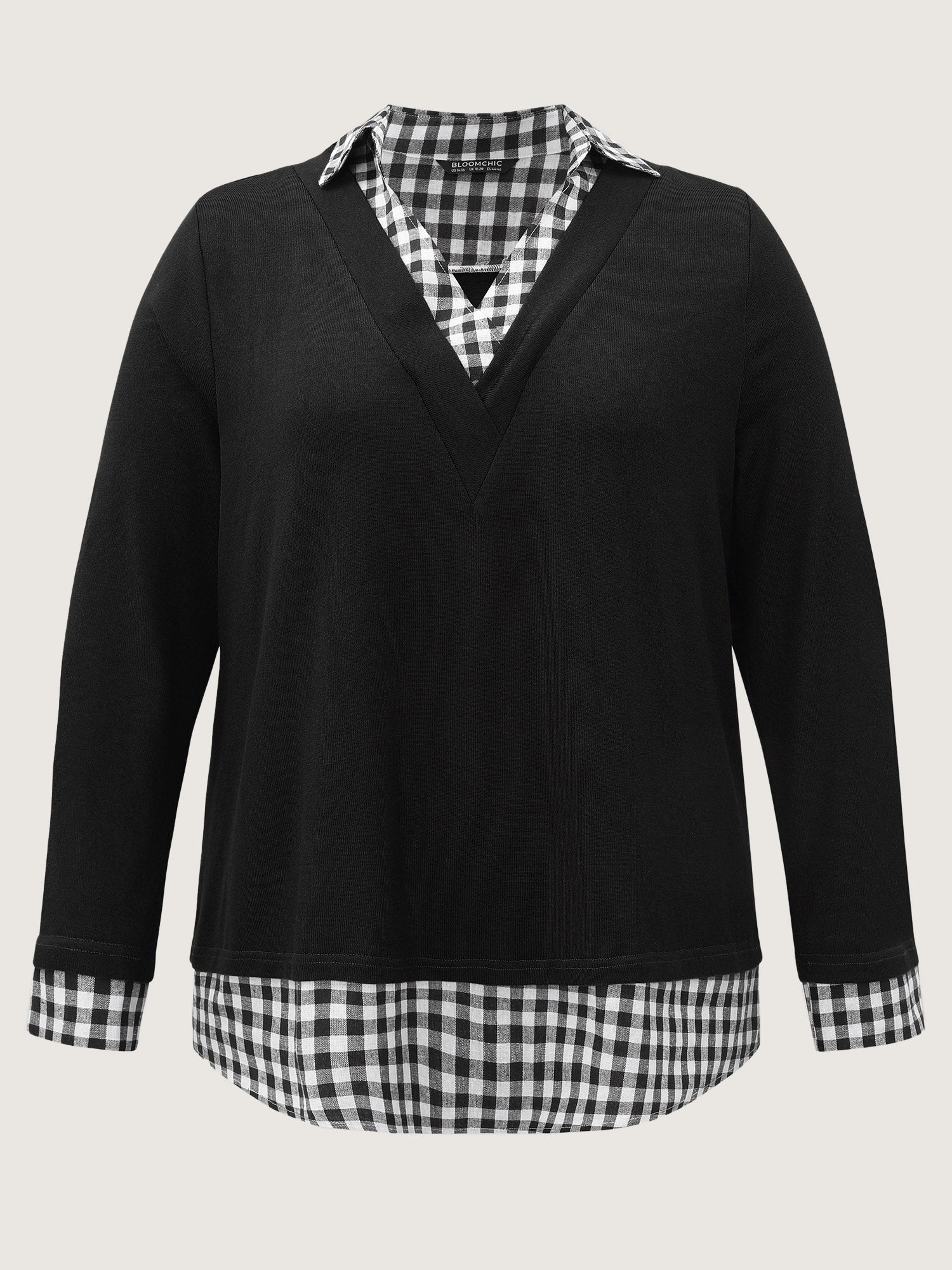 Gingham Patchwork Shirt Collar Arc Hem Sweatshirt - Image 5