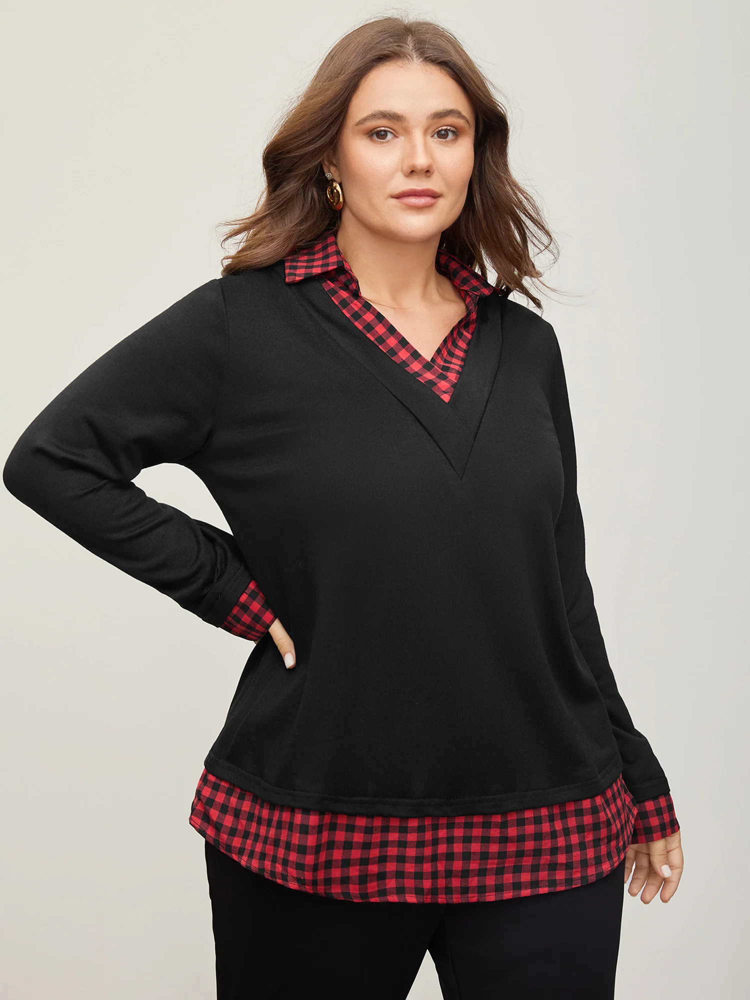 Gingham Patchwork Shirt Collar Arc Hem Sweatshirt - Image 6