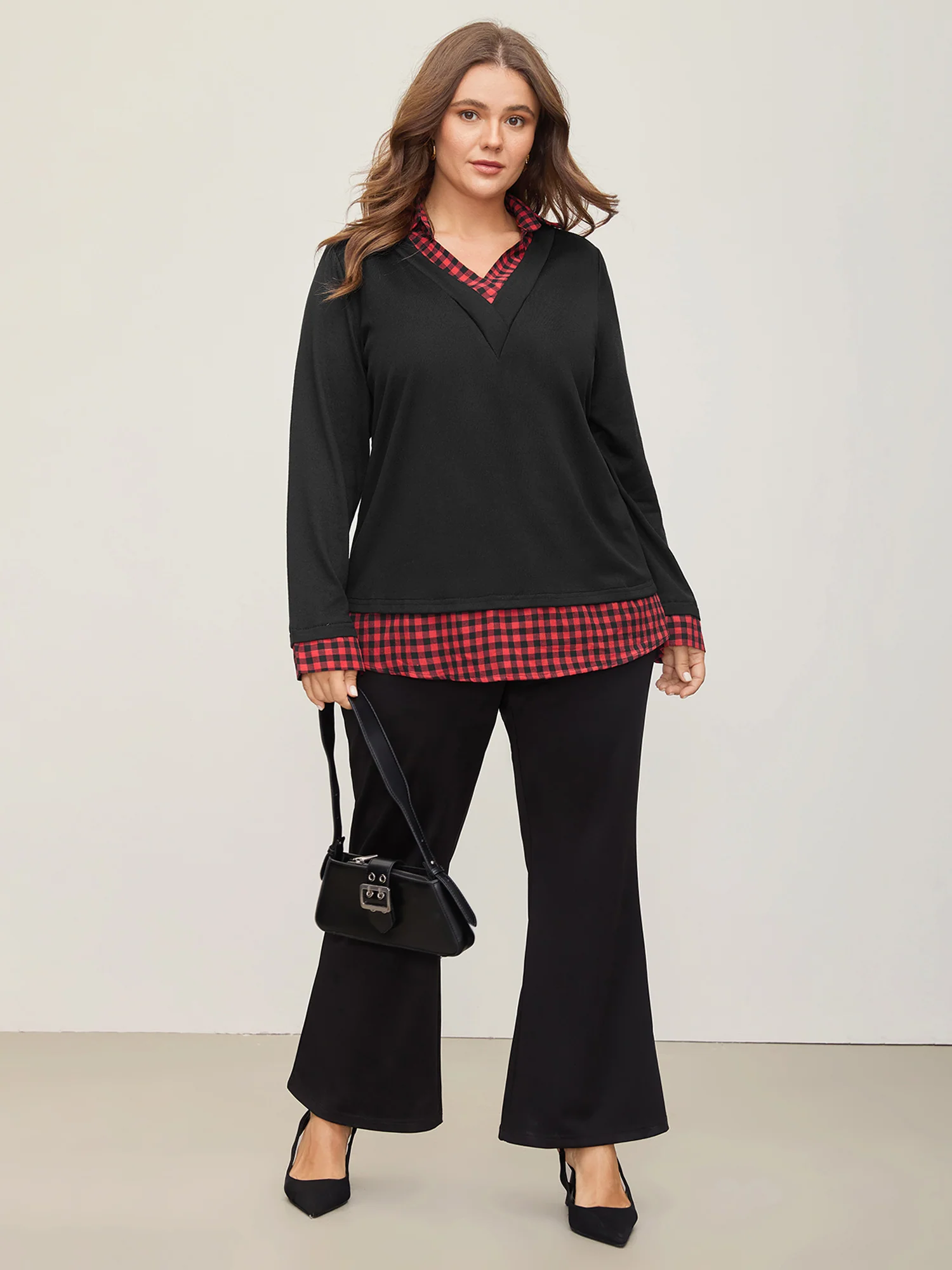 Gingham Patchwork Shirt Collar Arc Hem Sweatshirt - Image 8