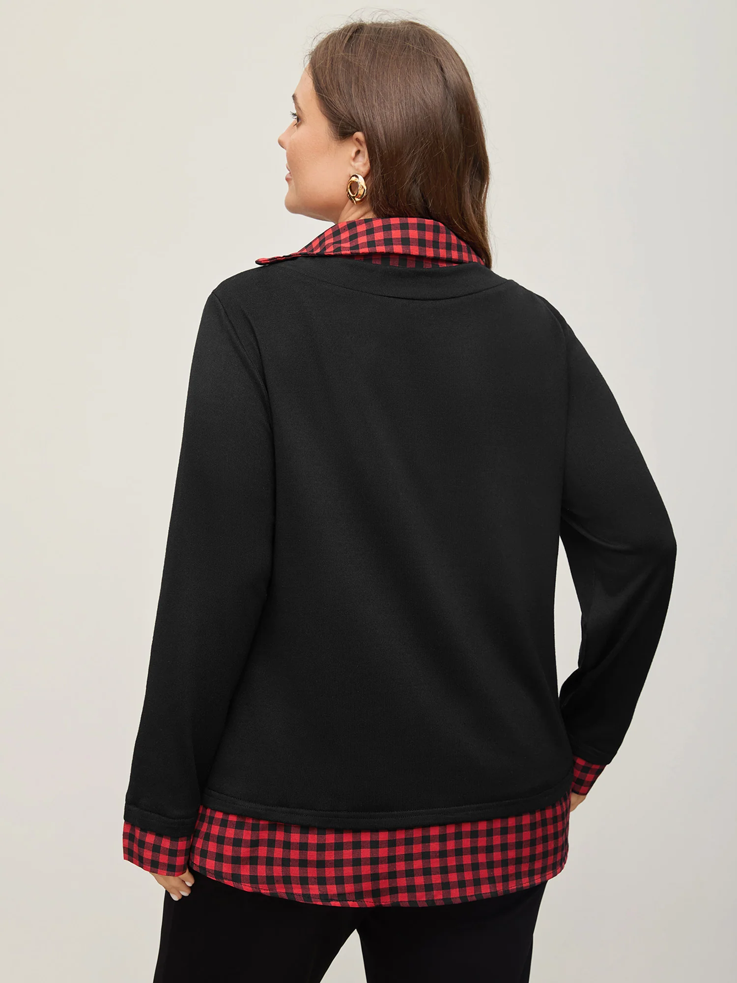 Gingham Patchwork Shirt Collar Arc Hem Sweatshirt - Image 9