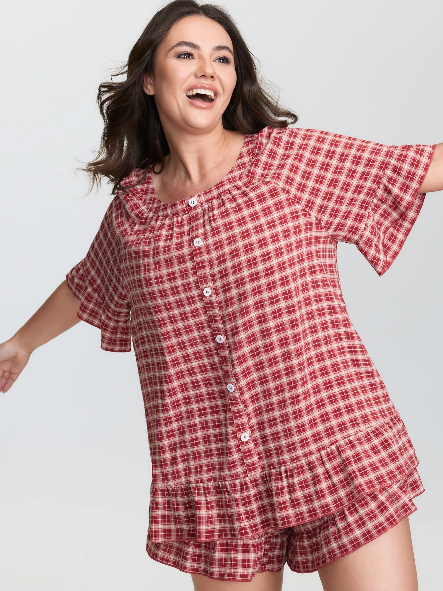 Gingham Pattern Ruffled Hem Co-ord Lounge Set