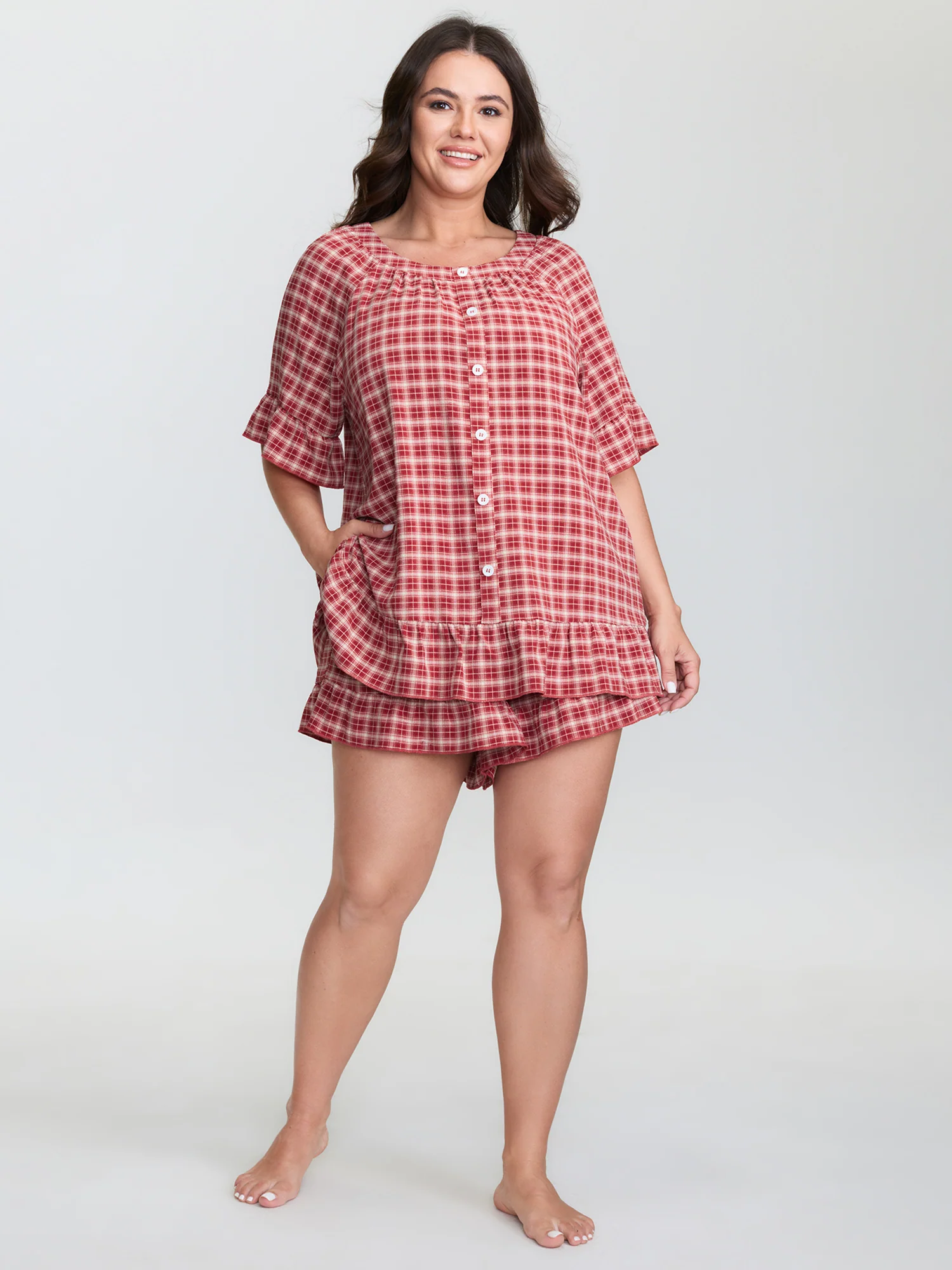 Gingham Pattern Ruffled Hem Co-ord Lounge Set - Image 5