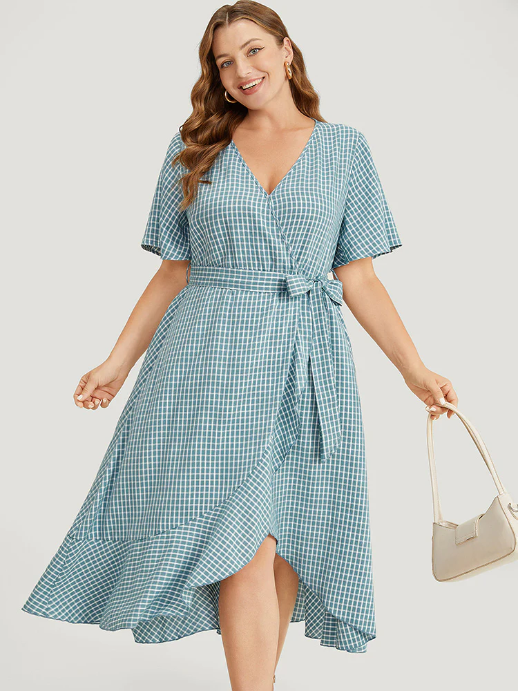 Gingham Pocket Belted Ruffle Trim Surplice Neck Dress - Image 2