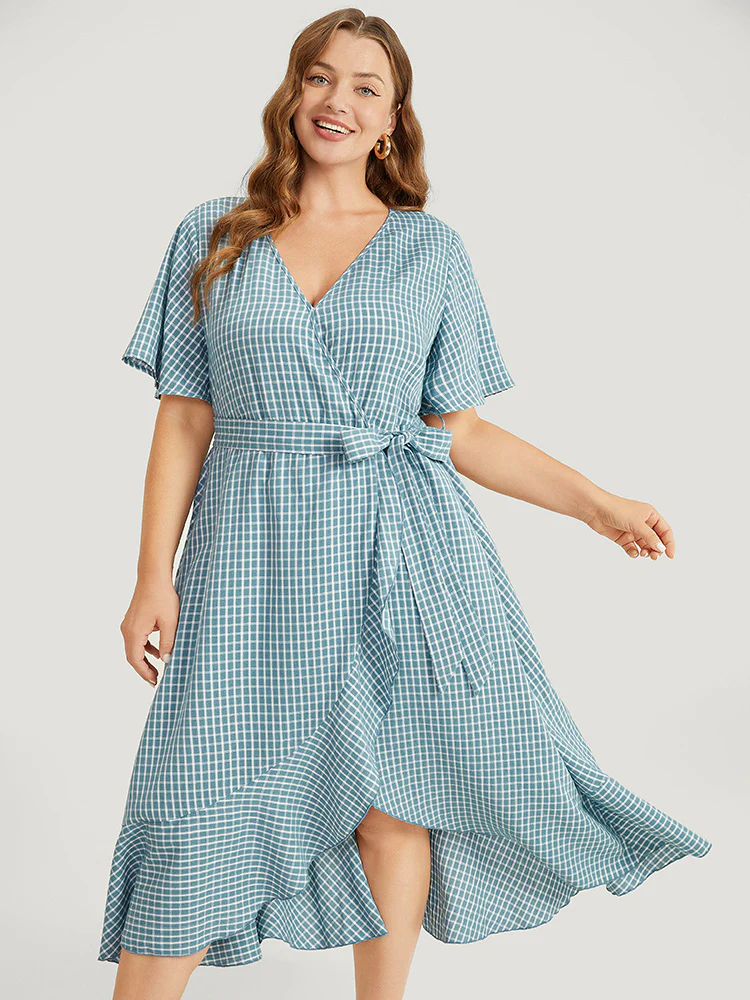 Gingham Pocket Belted Ruffle Trim Surplice Neck Dress - Image 3