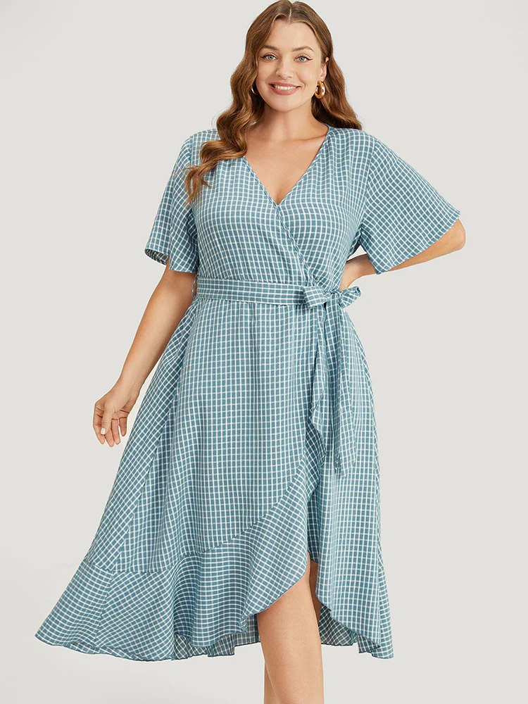 Gingham Pocket Belted Ruffle Trim Surplice Neck Dress - Image 4
