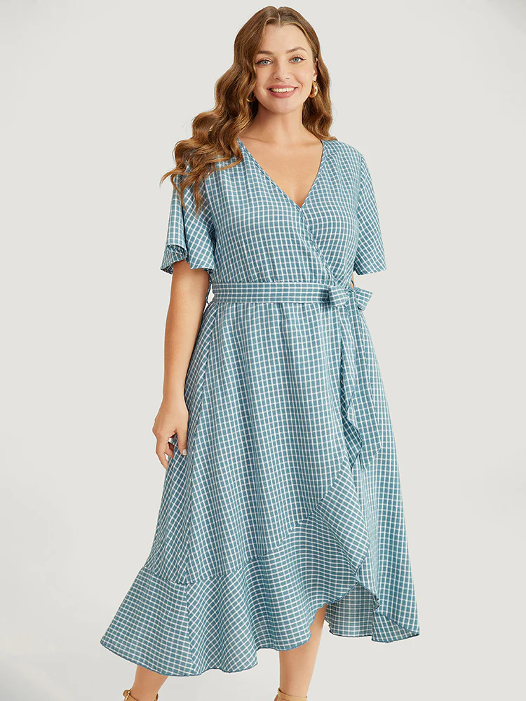 Gingham Pocket Belted Ruffle Trim Surplice Neck Dress - Image 5