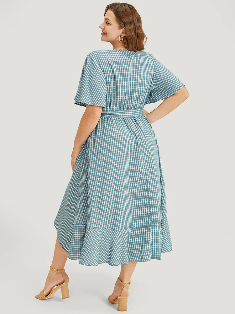 Gingham Pocket Belted Ruffle Trim Surplice Neck Dress - Image 6