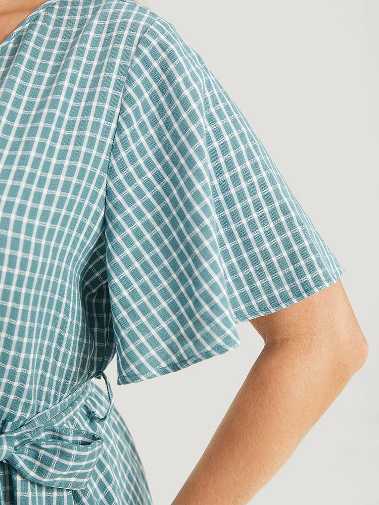 Gingham Pocket Belted Ruffle Trim Surplice Neck Dress - Image 8