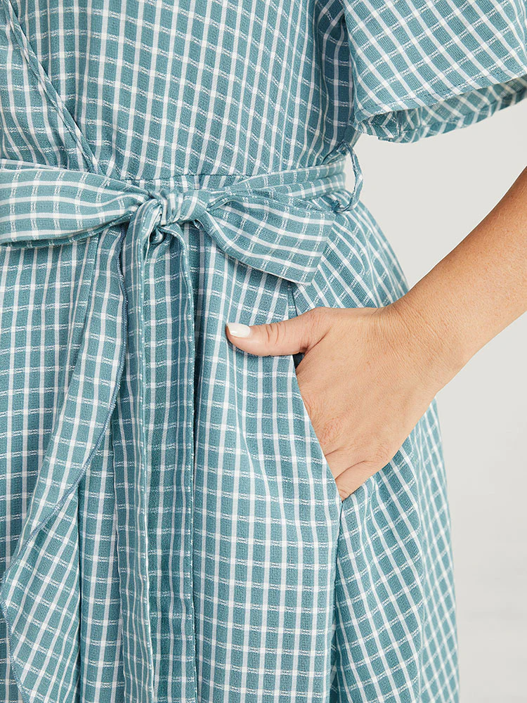 Gingham Pocket Belted Ruffle Trim Surplice Neck Dress - Image 9