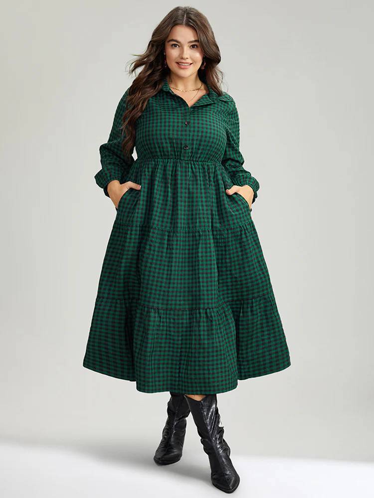 Gingham Pocket Button Up Elastic Waist Dress - Image 2