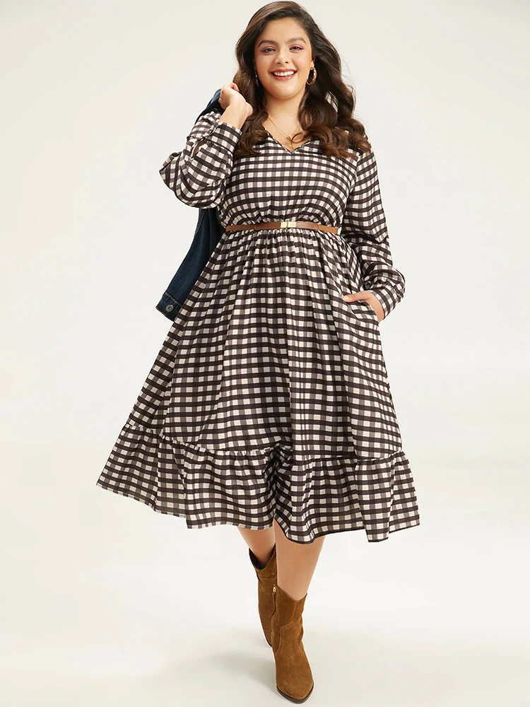 Gingham Pocket Elastic Waist Ruffle Hem Dress - Image 2