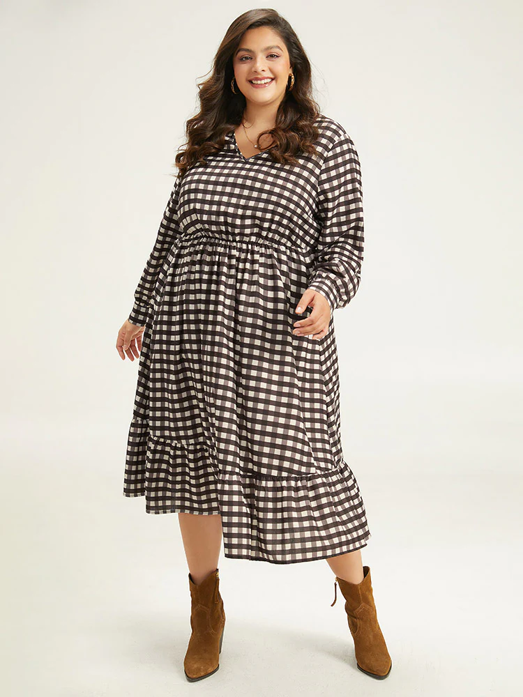 Gingham Pocket Elastic Waist Ruffle Hem Dress - Image 3