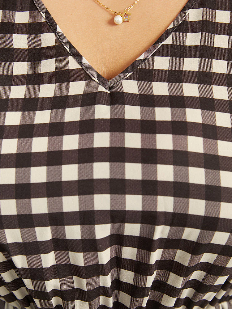 Gingham Pocket Elastic Waist Ruffle Hem Dress - Image 6
